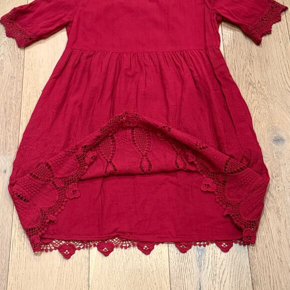 Sundance Boho Embroidered Cotton Mini Dress Burgundy V-Neck Medium Cottage Folk - Picture 6 of 11